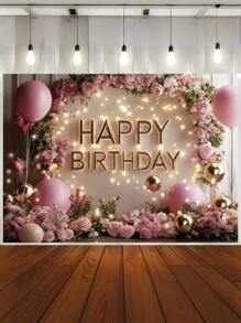 1pc 3D Floral Happy Birthday Photography Backdrops Pink Golden Balloons Flowers Party Banner 59.1*39.4/82.7*59.1/94.5*70.9/106.3*70.9 Inches Roses Green Leaves Photo Background Indoor Outdoor Newborn Shower Decoration Supplies