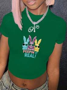 PEEPIN IT REAL With Glitter Bunnies Women's Fashion Short T-Shirt - 綠色 - 查看 1