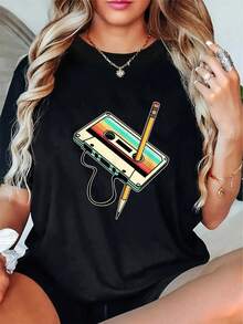 Women's Plain Round Neck Short Sleeve Retro Cassette Tape & Pencil Print Casual Loose T-Shirt - Black - View 1