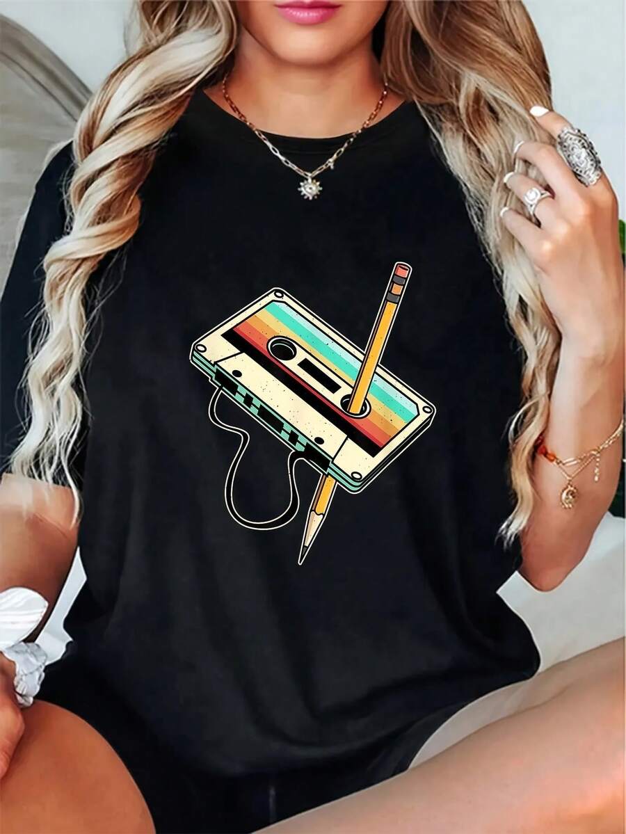 Women's Plain Round Neck Short Sleeve Retro Cassette Tape & Pencil Print Casual Loose T-Shirt - Black - View 1