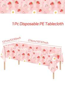 1Pc Strawberry Theme Disposable Tablecloth, 137*274cm PE Table Cover, Strawberry Birthday Party Wedding Bridal Shower Table Decoration, BabyShower Gender Reveal Party Decor, Home Decor, Table Decor, Party Tablecloth, Summer Party Decor