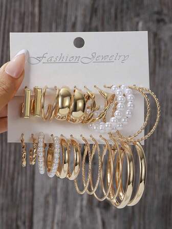 2/10/12/24 pièces/set Boucles d'oreilles fantaisie en perle avec design géométrique métallique, créoles larges torsadées. Parfait pour les vacances, les fêtes, les sorties et le port quotidien