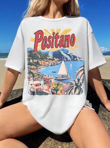 Loose Daily Casual Seaside Vacation Comfortable Women's Short Sleeve,Positano Shirt,Amalfi Coast T Shirt,Italian Shirt,Coastal Grandmother Vintage Aesthetics,Summer Vintage Patterned Shirt,Cute Italian Tops,Suitable For Daily Casual Time,Party Wear,Suitable For Gift Giving