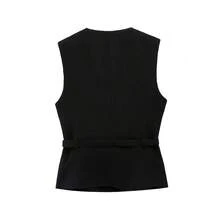 Women Elegant Sleeveless Single-Breasted Tops Casual Fashion Pocket Decoration Vest Top - Black - View 2