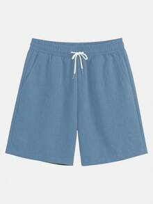 Set de 2 piezas de camisa de manga corta con diseño de unicolor y empalme en contraste y pantalones cortos con cordón para hombre, conjunto de ropa cómoda - Azul - Ver 5