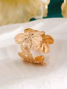 1pc Women's Flower Textured Fashion Personalized Open-Ended Adjustable Ring, Suitable For Party & Daily Wear - Yellow Gold - View 9
