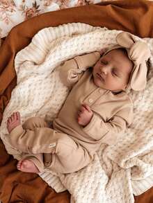 Newborn Baby Boy Knit Jumpsuit Ribbed Romper Newborn Coming Home Outfit Infant Fall Winter Clothes With Hat - 米色 - 查看 1