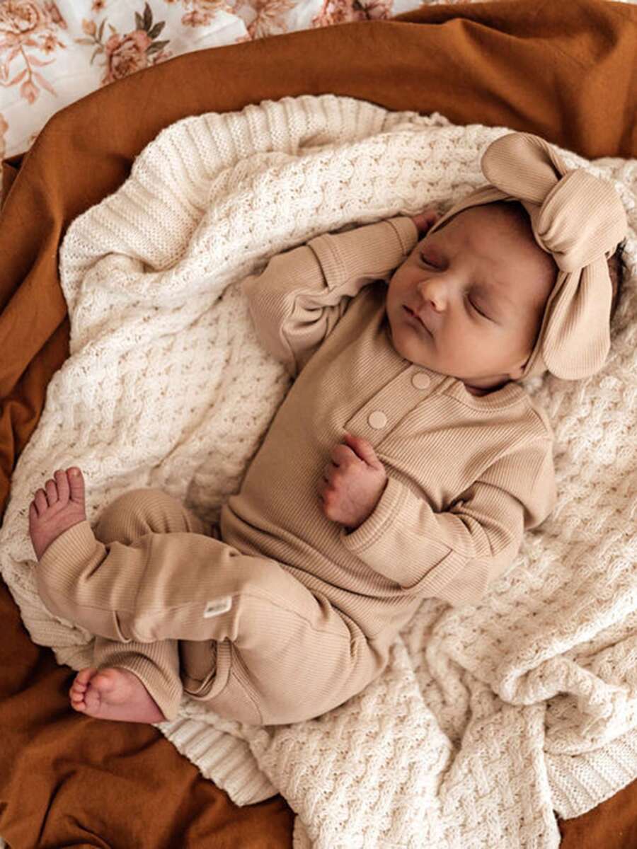Newborn Baby Boy Knit Jumpsuit Ribbed Romper Newborn Coming Home Outfit Infant Fall Winter Clothes With Hat - 米色 - 查看 1