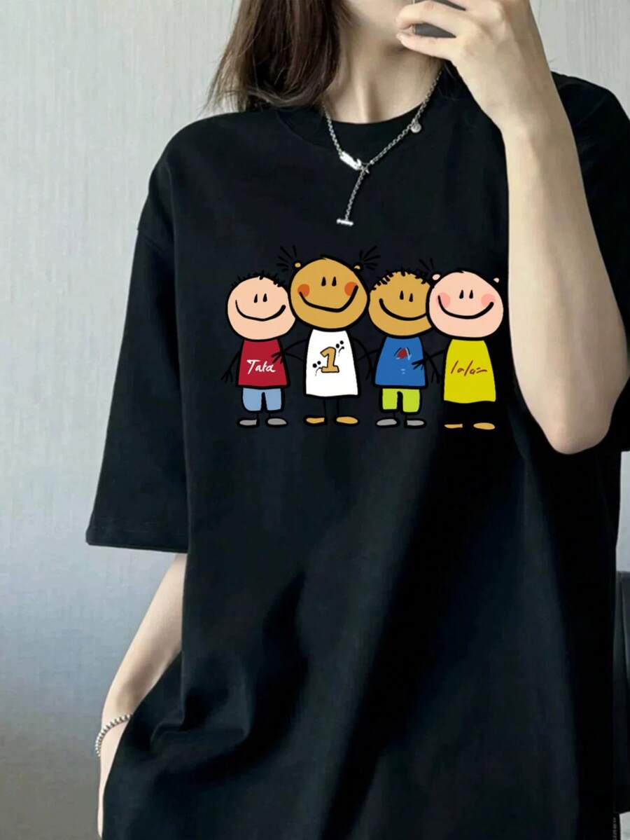 日本风格女士休闲纯棉圆领宽松简约卡通印花短袖T恤，春夏 - 黑色 - 查看 1