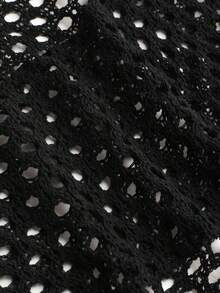 Plus Size Women Solid Color Round Neck Long Sleeve Hollow-Out Cropped Sweater - Black - View 6