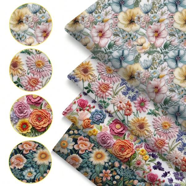 4pcs/Set 19.68x17.7inch(50x45cm) Flower,Floral Imitation 3D Embroidery Digital Print Precut Quilting Fabric Fat Quarter Fabric Bundle, 100% Polyester Quilting Squares For Patchwork, DIY Crafts Projects, DIY Wallet Making