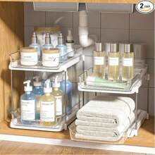 1pc Organizador de armazenamento de dois andares para cozinha, suporte para cosméticos transparente PET, caixa de armazenamento de gaveta de mesa multicamadas, adequado para penteadeira de banheiro, organizador de despensa de cozinha empilhável, organizador de armário de remédios com divisória deslizante