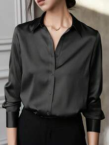 女士优雅飘逸复古衬衫，长袖缎面衬衫，适合春夏穿着，黑色 - 黑色 - 查看 10