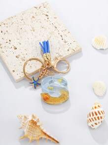 1pc A-Z English Letter Keychain, Resin Drop Glue Oceanic Elements Letter Pendant Keychain For Girls, Summer Starfish, Seashell Decor Random Color Children Bag Accessories