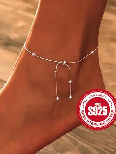 925 Sterling Silver Beaded Adjustable Anklet, Elegant & Simple Anklet For Women, Exquisite Holiday/Everyday Wear Accessory