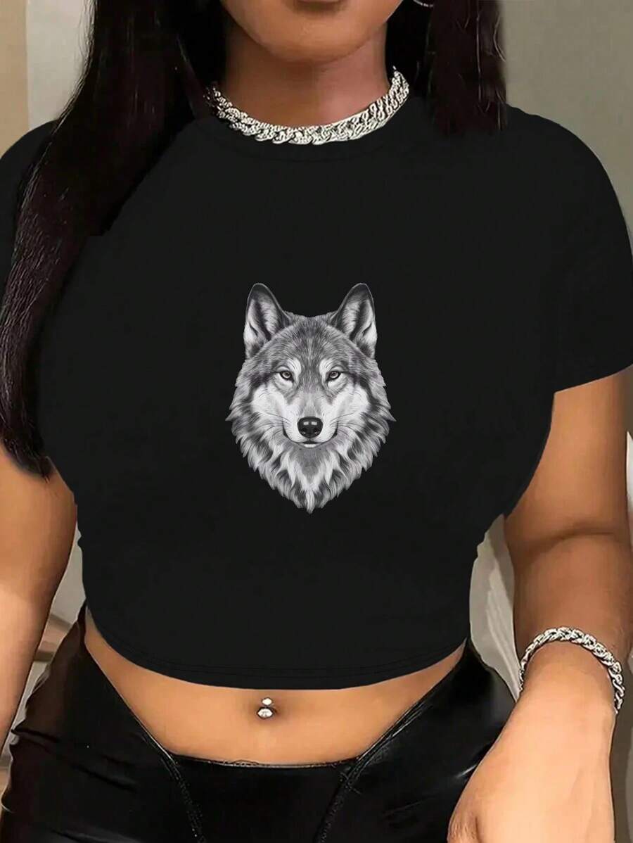 Grayscale Wolf Face Illustration Women's Fashion Short T-Shirt - 黑色 - 查看 1