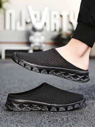 Summer Unisex Couple Breathable Anti-Slip Casual Sports Slip-On Shoes, Black Breathable Mesh Knit Fabric Half Sleeve Lightweight Casual Sports Shoes, Fashion Slip-On Loafers