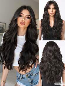 Black Brown Long Wavy Curly Wig Natural Looking Synthetic Wig Beginners Friendly Heat Resistant Fashionable For Daily Use Halloween Wedding Party Wear Music Festival Gift Hot - 黑色 - 查看 2