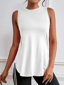 1 件女士纯色宽松舒适侧开衩背心，无袖健身运动套头衫，春夏 - 白色 - 查看 5