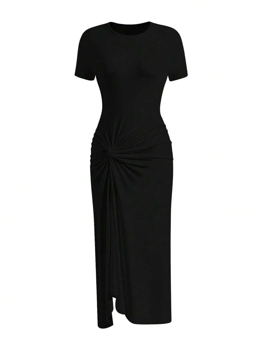 EARO European & American Style Long Women's Dress, Solid Color Twist Knot Side Slit Short Sleeve Bodycon Maxi Dress, Spring/Autumn New Arrivals, American Vacation Vibe, Everyday Casual Chic, Comfortable Stretchy Fitted Unique Elegant Slimming A-Line Dress