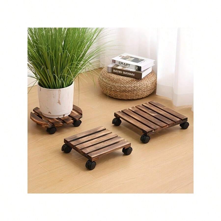 Heavy Duty Rustic Wood Plant Cart With Lockable Metal Wheels | Indoor/Outdoor Garden & Terrace Trolley | Sturdy Mobile Decorative Stand For Pot Transportation & Plant Moving - Multicolor - View 1