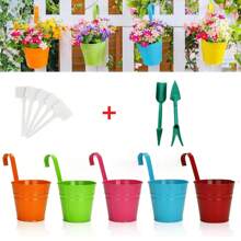 Conjunto de vasos de flores de ferro metálico com 7 peças, inclui 5 vasos de flores de metal, 5 etiquetas de plástico e 1 kit de ferramentas de transplante, para jardim de varanda, vasos de plantas com ganchos removíveis
