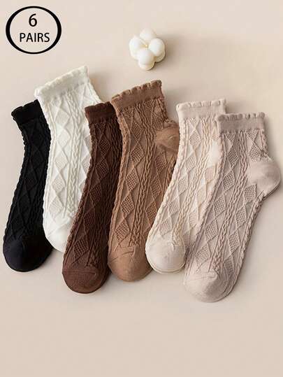 6 Pairs Women Solid Color Diamond Pattern Short Socks - Breathable & Comfortable With Lace Trim, Suitable For Spring/Summer, Cute Socks