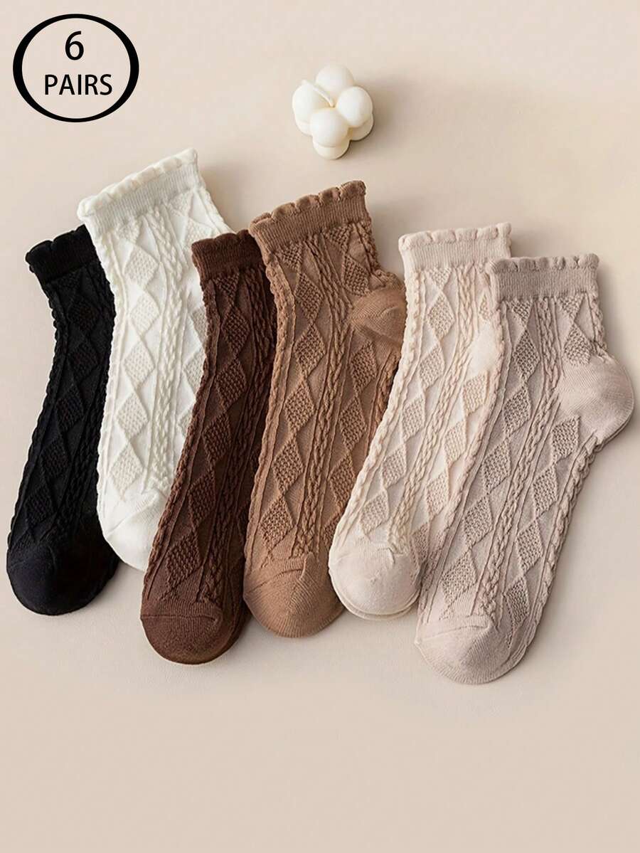 6 Pairs Women Solid Color Diamond Pattern Short Socks - Breathable & Comfortable With Lace Trim, Suitable For Spring/Summer, Cute Socks - Multicolor - View 1