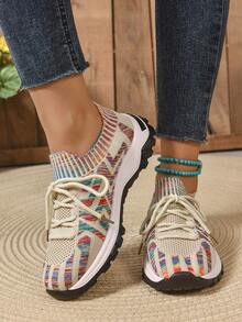 2025 Spring/Summer New High Vamp Knitted Casual Shoes For Women, Multi-Color Breathable Knitted Fabric, Lace-Up Design, Lightweight Soft Sole Running Shoes