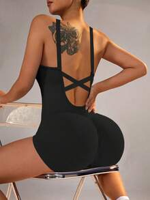 Sexy Backless Criss-Cross Strap Design Bodycon Jumpsuit, Fashion Versatile Spring/Summer New - Black - View 6
