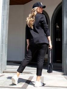 Women's Long Tailored Blazer Long Sleeve Fake Pockets Without Buttons - Hitam - View 2