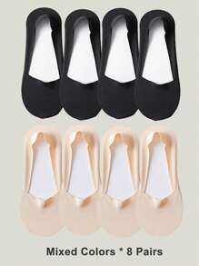 1/4/8 Pairs Women's Big Size Available Soft Nylon Solid Bottom Low Cup Invisible No Show Socks With Non-Slip Gel Heel, Suitable For Daily Use