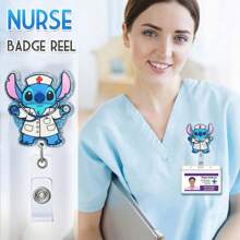 Disney Carrete de identificación retráctil lindo de la enfermera Stitch - Titular de gafete de identificación - Etiqueta de identificación de doctor/enfermera - Accesorios para trabajo en el hospital - Carrete de gafete con dibujos animados