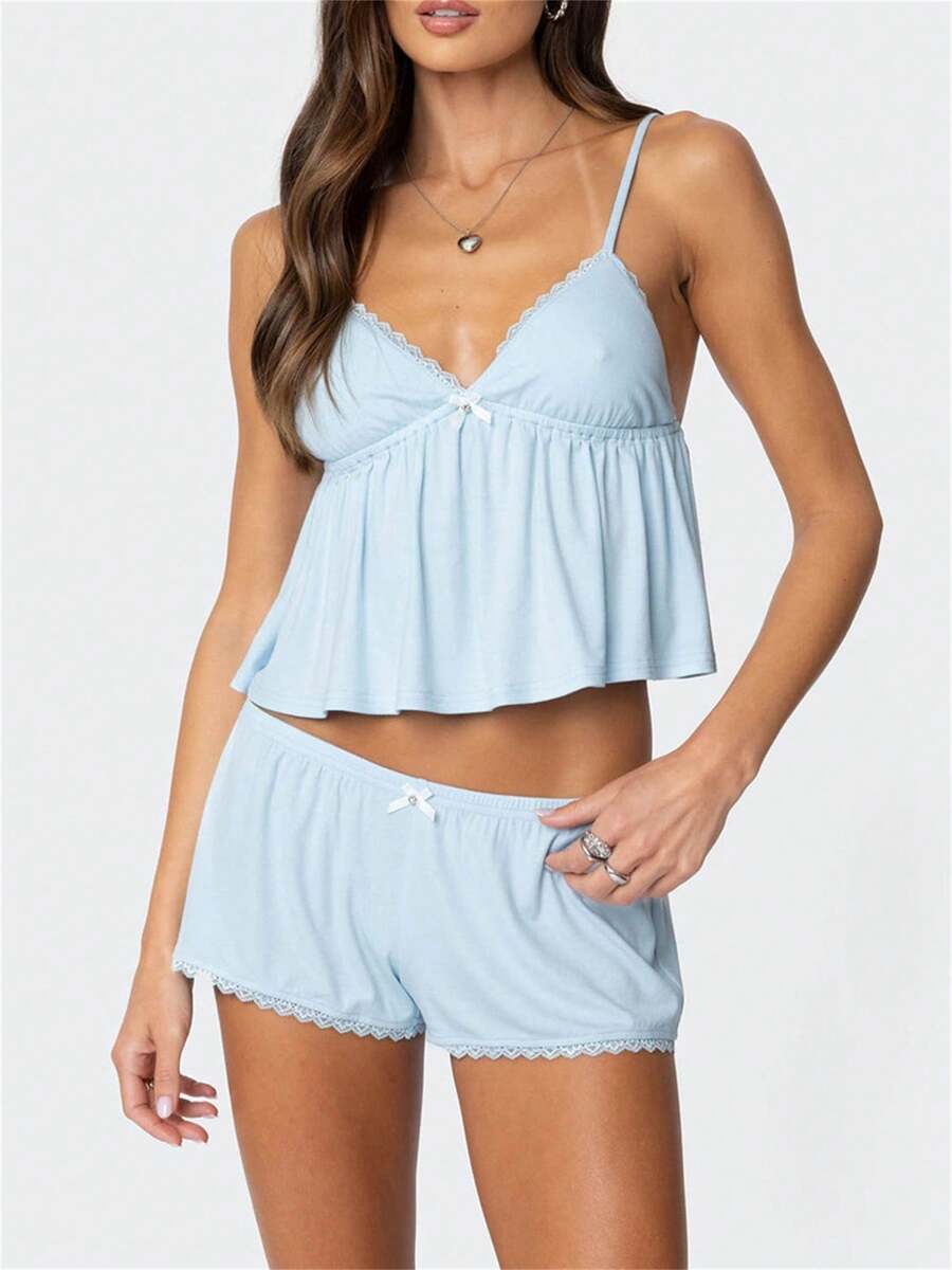 Conjunto de pijama de verano para mujer: shorts sin mangas con cuello en V y ribete de encaje. - Azul - Ver 1