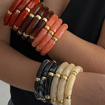 3pcs Vintage Acrylic Bamboo Beads Stacking Bangle Bracelets, Women Simple Fashion Elastic Cuff Bracelet, Suitable For Daily Wear, Party, And Travel, Jewelry Set