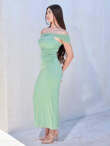Andrea Bello Off Shoulder Solid Color Elegant Banquet Knitted Dress - Mint Green - View 3