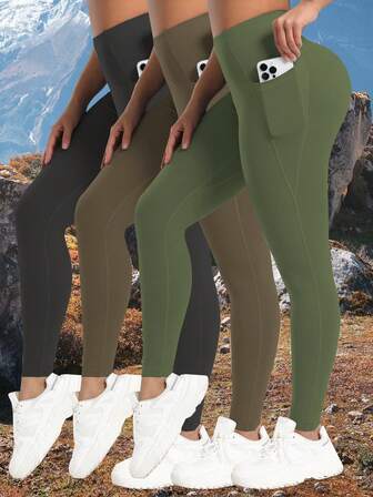3pcs Women's Outdoor Sports Leggings With Pockets