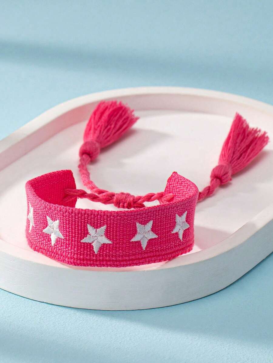 1 Pc Embroidered Star Decor Tassel Bracelet Women Spring Summer Boho Bracelets Jewelry - Hot Pink - View 1