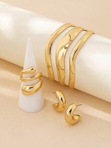 3pcs Fashionable Metallic Teardrop Cuff Bracelet, Ring & Earring Jewelry Set, Chunky Jewelry