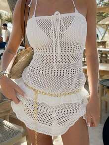 Mejors 女士泳装 Y2K 性感休闲夏季针织沙滩罩衫连衣裙纯色镂空荷叶边钩编前系带锐舞乡村音乐会度假沙滩服装波西米亚风女装 - 杏色 - 查看 5