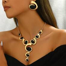 Juego de joyería de 3 piezas estilo bohemio clásico en forma de espiral de caracol, con rhinestones negros, collar en Y y aretes, de aleación, adecuado para uso diario y de fiesta
