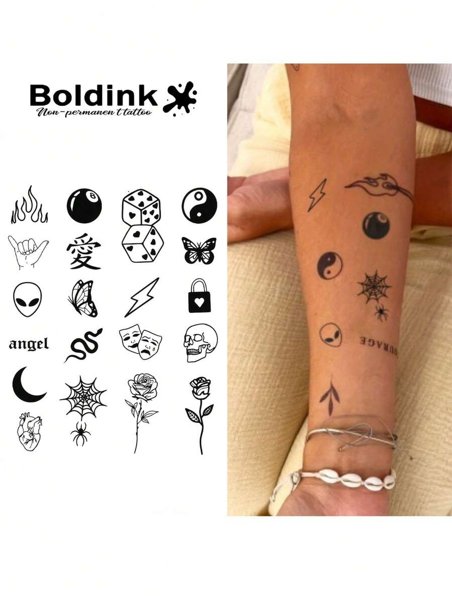 Boldink 各种防水防污临时纹身，持久 1-2 周，蝴蝶/月亮/玫瑰图案，哑光效果，适合日常和约会佩戴，多种选择