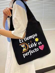 印花帆布手提袋，配黑色收纳袋，印有“El-Tiempo Dios Es Perfecto”字样、彩色太阳和爱心图案，便携休闲收纳手提包，简约旅行收纳袋，大容量旅行化妆包，旅行包 - 黑色 - 查看 2