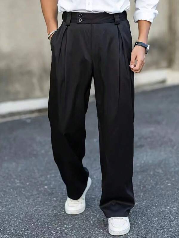 Men Plain Pocket Pleated Straight-Leg Suit Pants