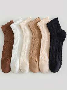 6 Pairs Women Solid Color Diamond Pattern Short Socks - Breathable & Comfortable With Lace Trim, Suitable For Spring/Summer, Cute Socks - Multicolor - View 9