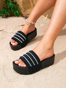 女士水鑽裝飾厚底涼拖,魅力四射夏天萊卡坡跟涼鞋 - 黑色 - 查看 2