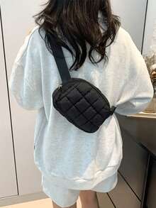 1 件时尚纯色褶皱云斜挎包，轻盈保暖，带衬里，拉链开合，女式绗缝腰肩胸钱包，节日主题，可手洗 - 黑色 - 查看 7