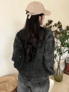 黑色翻领宽松休闲长袖女式牛仔夹克和外套，秋冬 - 黑色 - 查看 6