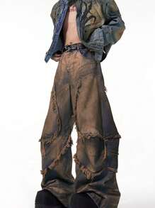 1pc American Retro Hip Hop Distressed Patchwork Frayed Hem Loose Casual Straight Leg Jeans, High Street Style Men's Cargo Pants