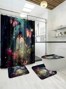 1/4 Pcs Butterfly Printed Bathroom Shower Curtain Set, Fashion Bathroom Decoration, Waterproof Fabric Shower Curtain Set With 12 Hooks, Anti-Slip Bathroom Mat, U-Shaped Toilet Seat Cover Bathroom Accessories